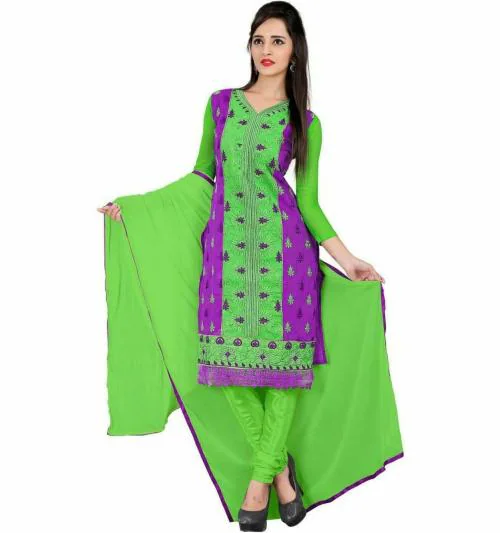 JHEENU Women Green and Purple Embroidered Cotton Blend Kurta and Churidar Material
