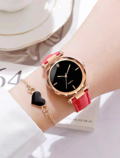 Stojira Analog Black Dial Red Strap Watch For Women