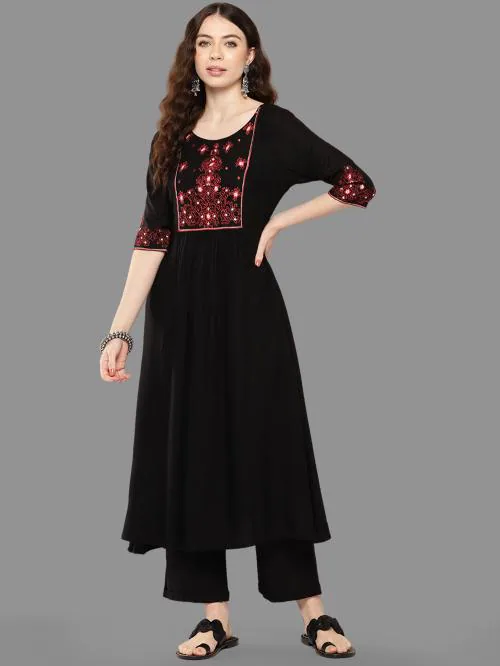 Janasya Women's Black Rayon Yoke Embroidered A-Line Kurta