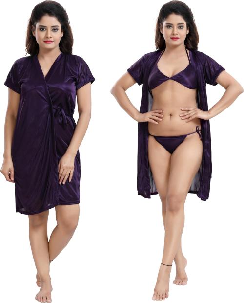 Loody'S Women Purple Solid Pure Satin Set Of 3 Night Dress Bra, Robe