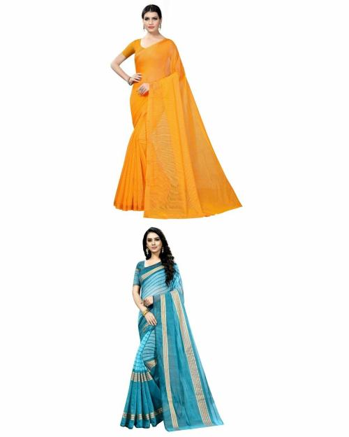Vkaran Women's Mustard & Firozi Colour Cotton Silk Saree With Blouse pack of 2