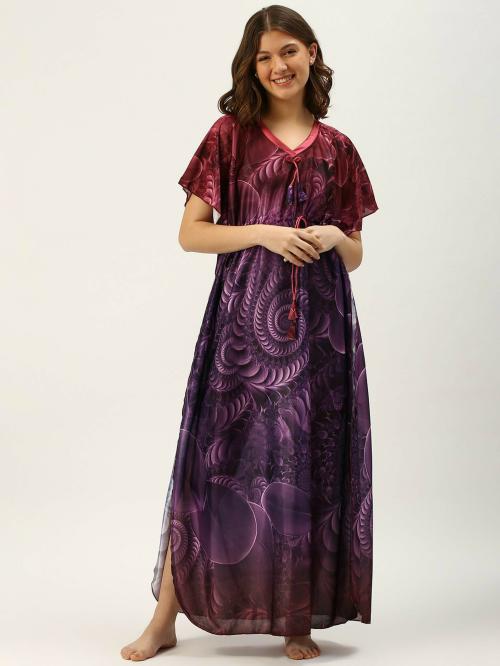 Adishwar Women Purple Floral Satin Nighty night ware