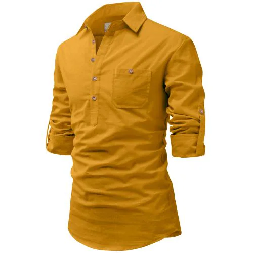 Vida Loca Cotton Yellow Color Full Sleeve Casual Spread Collor Slim Fit Short Kurta For Men and Boys