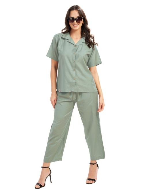 WEET Women's Linen Night Suit Set of Shirt & Pyjama | Full Pair Set for Women Night Dress (Forest green)