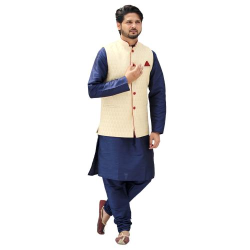 Om Shubh Mangalam Men's Silk Blend Navy Blue Kurta Pajama With Golden Jacket