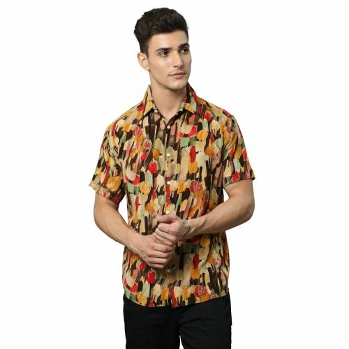 BEVDAAS Printed Brown Mocha Bliss: Men's Rayon Shirt