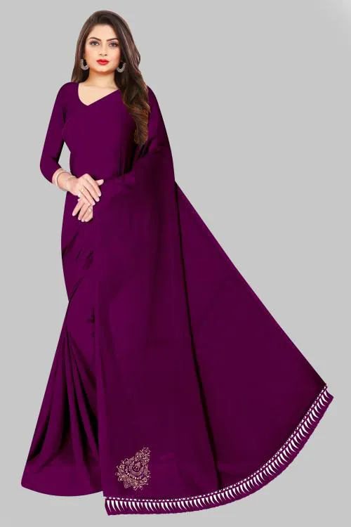 KIWIE Purple Chiffon Plain Swarovski Work Saree With Blouse Piece (Charu-Purple)
