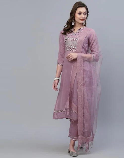 Skylee Women Lavender Embroidery Chinon Kurta Palazzo Set| kurta suit set for women| kurta set| kurta suit set with dupatta