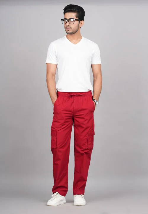 EMEE-Y Men Cargos Solid Plain Designer Multipocket Comfortable Straight Fit Cotton Blend Trousers - Red - Large