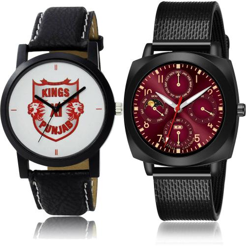 GROOT New Heart Punjab Lions Squad (Pbks) Ipl Black Colour Analog Genuine Leather And Plastic Belt 2 Watch Combo For Boys And Men - IPL4-(12-S-10)