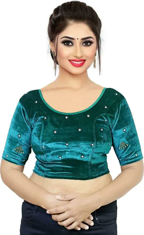 Buy PU Fashion Women Blue Embroidered Velvet Blouse Online at Best