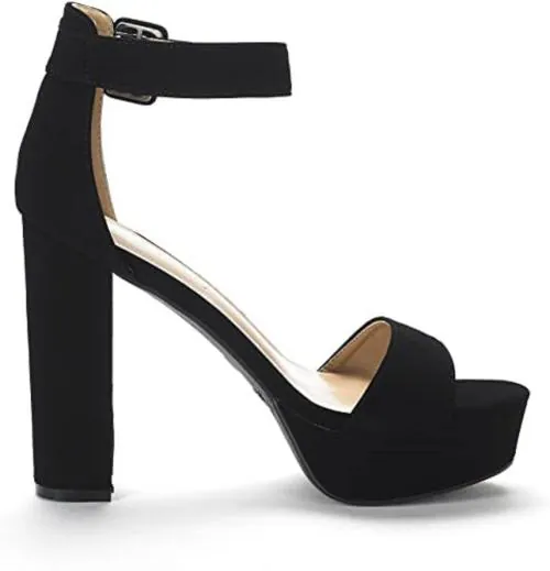K KOMMY FASHIONS Black Heels Ankle Strap Sandals Block High Heels for Women