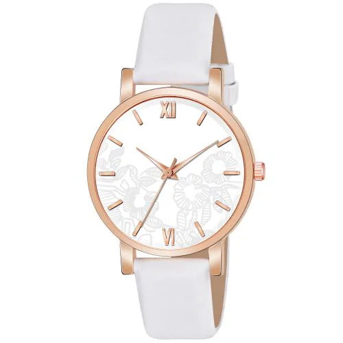 KIARVI GALLERY White Flowered Dial Leather Strap Analog Watch for girls and women