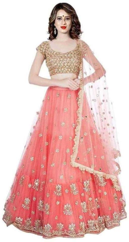 Zaqe Zone Women Orange Self Design Net Lehenga Choli