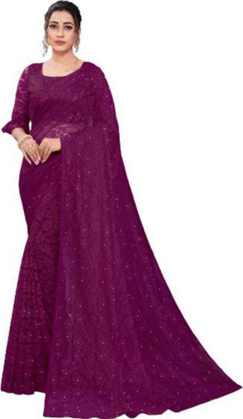 Fashion Field Women Purple Self Design Net Saree with Unstitched Blouse Piece
