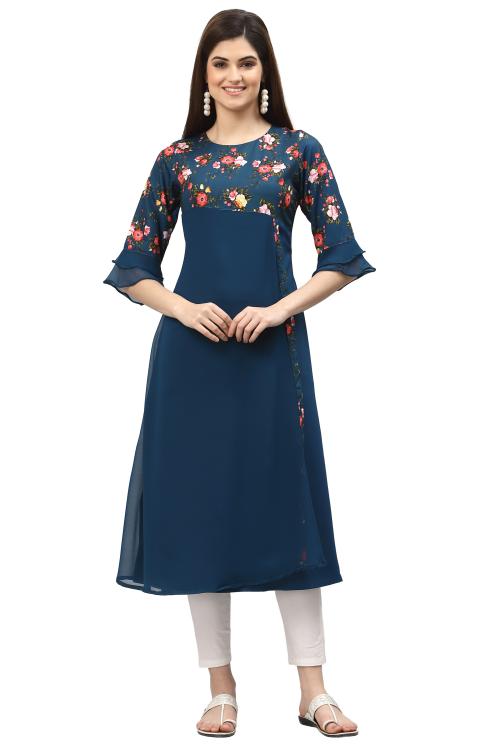 ALC Creations Women's Blue Printed Crepe Kurti(ALC9111FAL_Blue_Medium)