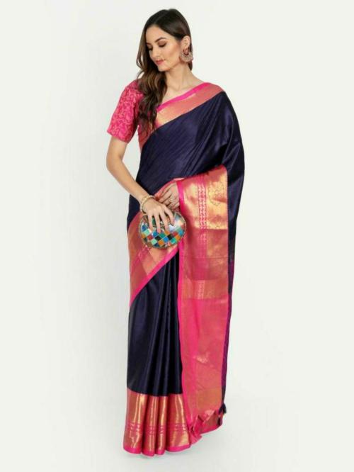 JUHI COLLECTION Anupama Woven Design Cotton Silk Saree for Women (Dark Blue)