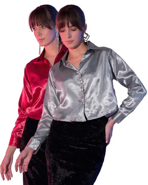 Dimpy Garments Red Grey Women's Cropped Satin Shirts | Luxe Comfort Chic Girls Crop Shirt Combo-Pack of 2