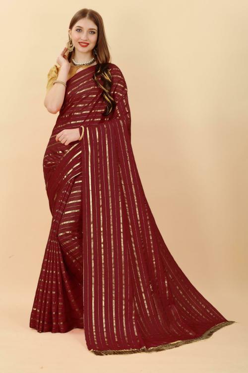 SE ShiVAdit Ethnic Women Maroon Striped Silk Blend and Art Silk Leheria Saree