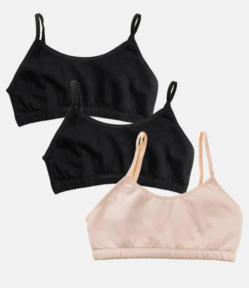 Adira | Cotton Teenager Bra For Girls | Teen Bras With Flat Padding For Coverage | Gives Confidence At School | Beginners Bra With Comfortable Strecthy Cotton | Pack Of 3 | Black, Black & Skin | XXL
