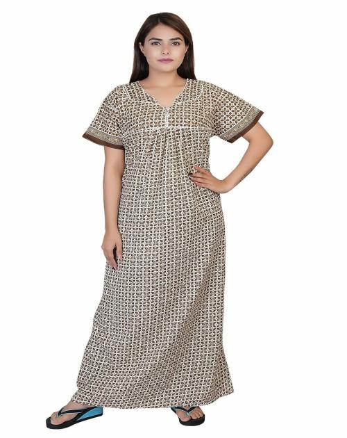 Buy DEEPSUNG(D. S) Women's Cotton Block Print Maxi Nighty 02 Online at