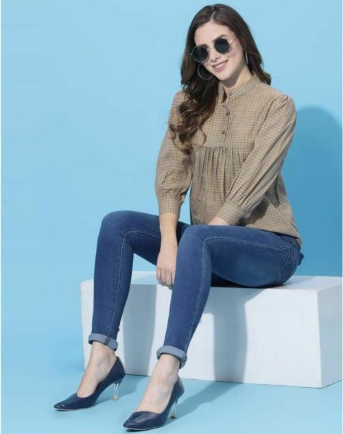 MEVIKA BEIGE GEATHERED TOP-M SIZE