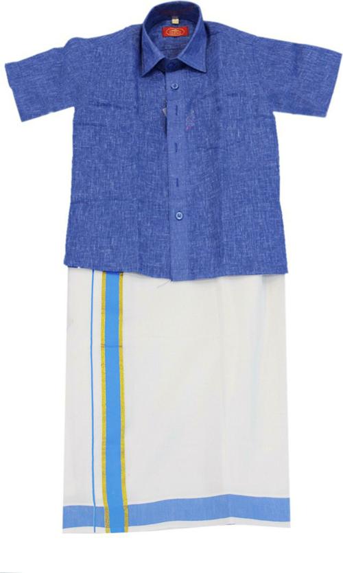 THANGAMAGAN Boy Dark Blue Solid Cotton Shirt and Dhoti Set (12-18M)