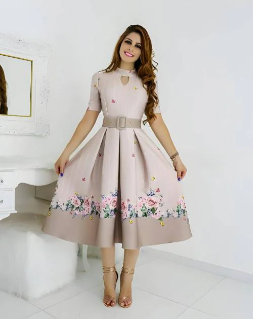 FOXDX Women's A-LINE Knee Length Dress (Cream)