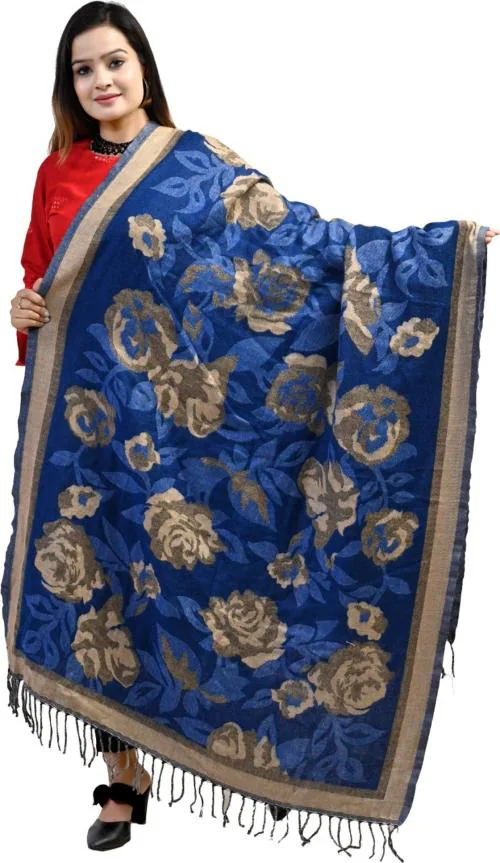 LETZ DEZINE Women Blue Floral Print Wool Shawl - Free Size