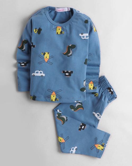 Hopscotch Boys Cotton All-Over Print T-Shirt And Pajama Set In Blue Colour For Ages 9-10 Years (CYM-3133428)
