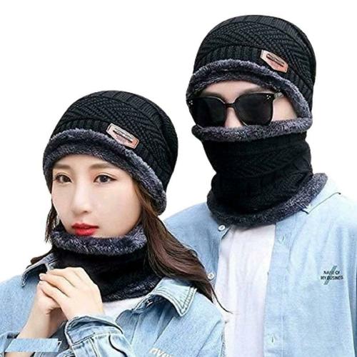F Y V Unisex Black Woolen 2 Caps with 2 Neck Warmer l For Men & Women l Caps Hats Beanie Caps