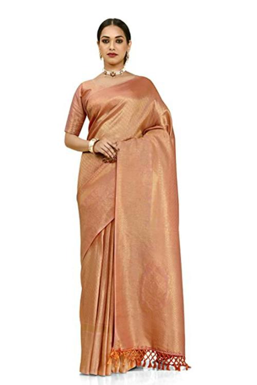 Flourious Peach Kanjivaram Raw Silk Kanjiavaram Saree