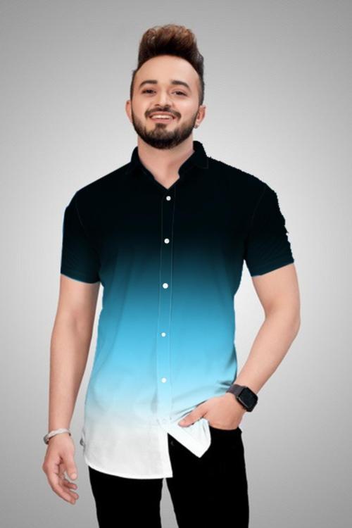 BOUGHT FIRST Regular Fit Shirt for Men's, Stylish Half Sleeves Polly Cotton Shirt for Men's, Casual Formal 3 Colour Dyed Ombre Style Shirt for Men's -(White+Blue+Black Mix, M)