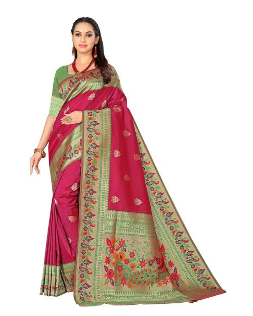 Tigdi Vasstra Women's Fancy Pink Green Designer Woven Petni Pallu Saree with unstitched Blouse #3075