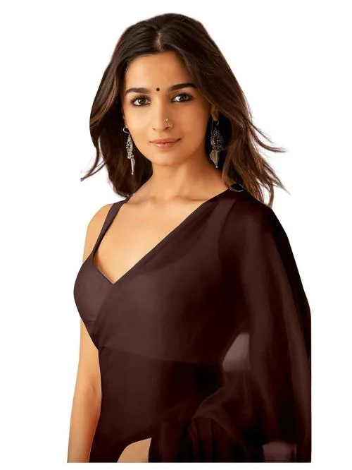 Sidhidata Women's Plain Pure Georgette Saree With Unstitched Blouse Piece (Rocky Aur Rani Ki Prem Kahani Alia Bhatt Saree) Coffee
