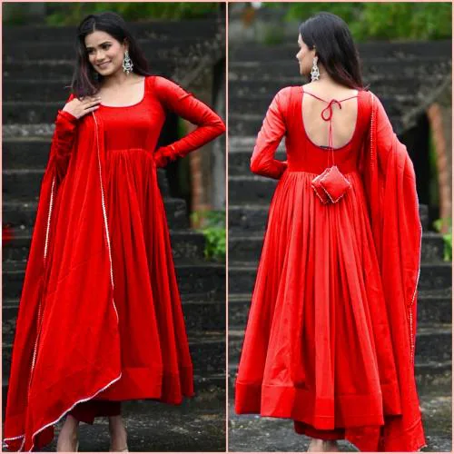 Thapnath Woman Fit & Flared Red Dress With Dupatta