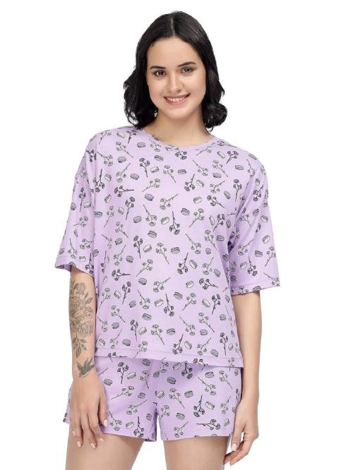 YOONOY Cotton Women Knit Printed Regular Shorts & T-Shirt Loungewear Set Night Wear Set (Lavender)