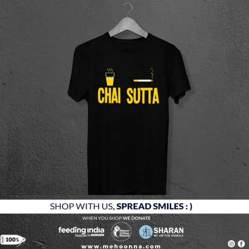 ME HOON NA Mens 100% Combed Cotton Chai Sutta Printed T-Shirt - Black (X-Small)