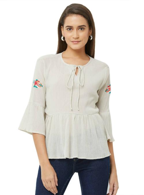 Fusion Beats Women Grey Solid Pure Cotton Top