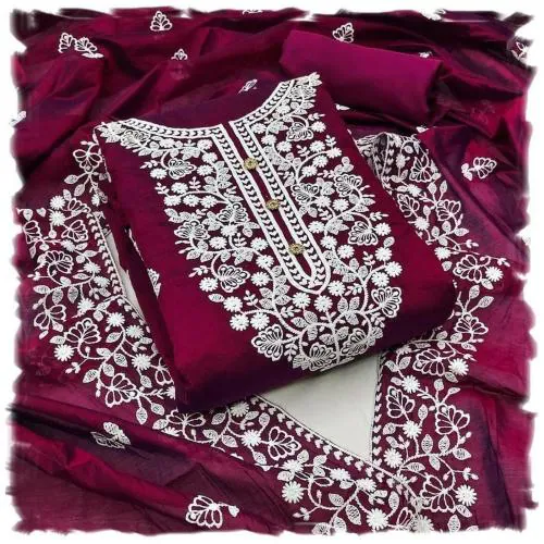 Sidhidata Women's Heavy Cotton Embroidery Work Unstitched Salwar Suit Dress Material With Chanderi Work Dupatta Wine