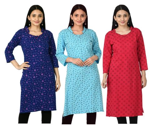 IndiWeaves Women Cotton Printed 3/4th Sleeves Kurtis (Pack of 3) Multicolor