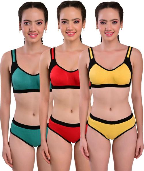 Yana Women Yellow, Green, Red Self Design Cotton Blend Set Of 3 Bra And Panty (32)