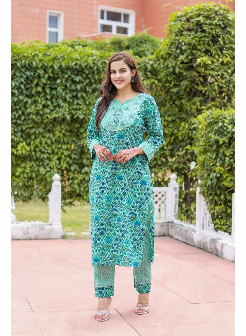 RAMA GREEN EMBROIDERED COTTON KURTA WITH PANT