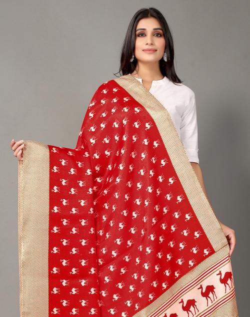 Siril Women's Beige & Red Color Animal Print Khadi silk Dupatta