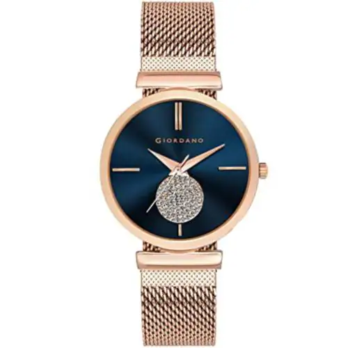Giordano Analog Blue Dial Rose Gold Strap Watch For Women