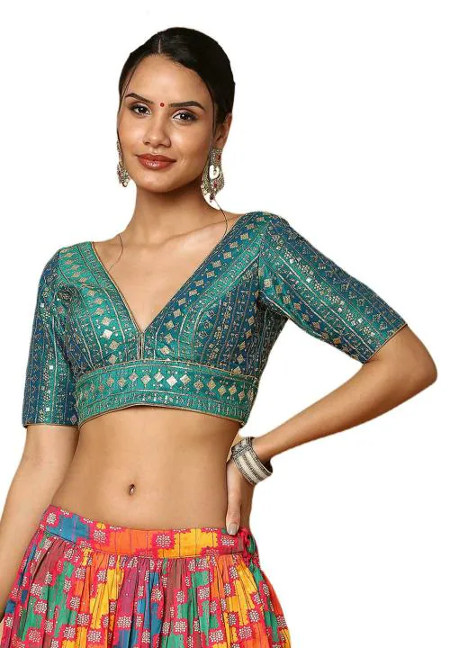 Salwar Studio Women's Rama Green Silk Blend Readymade Saree Blouse