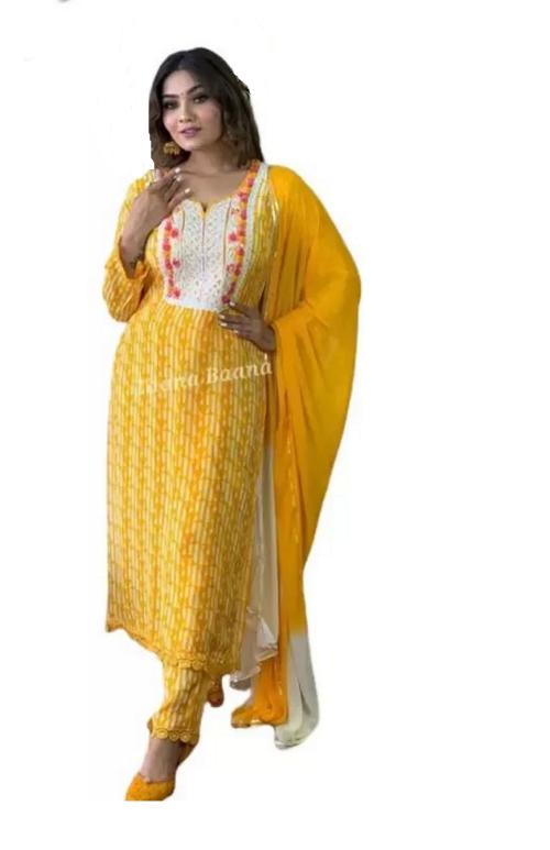 PRIYA'S FASHION HUB PRESENT Printed Kurti with Pant and Tie die shiffon dupatta with full Gota work
