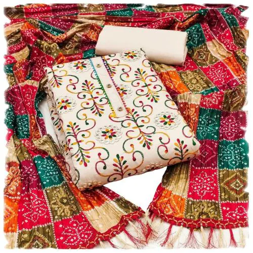 Sidhidata Women's Heavy Cotton Embroidery Work Unstitched Salwar Suit Dress Material With Bandhej/Bandhani Print Dupatta Cream