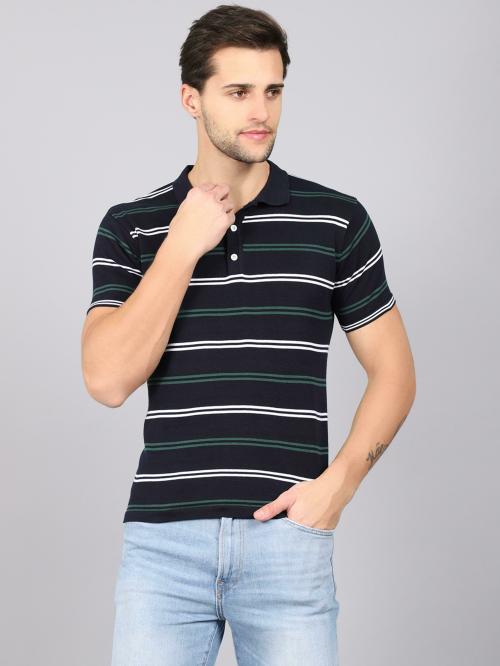 Cantabil Men Dark Blue Striped Casual Half Sleeves Polo T-shirt