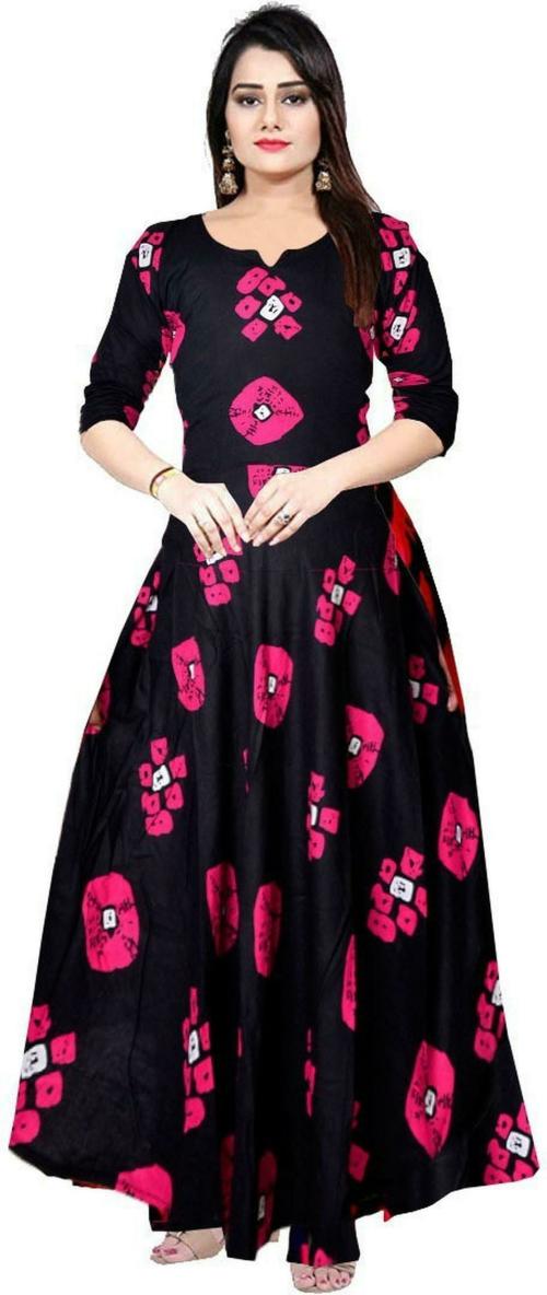 Silver Organisation Women Black, Pink Printed Cotton Rayon Blend Gown
